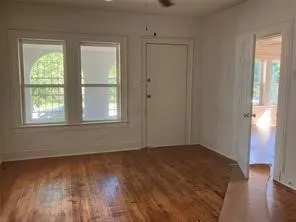Entrance foyer featuring plenty of natural light, ceiling fan, and wood finished floors