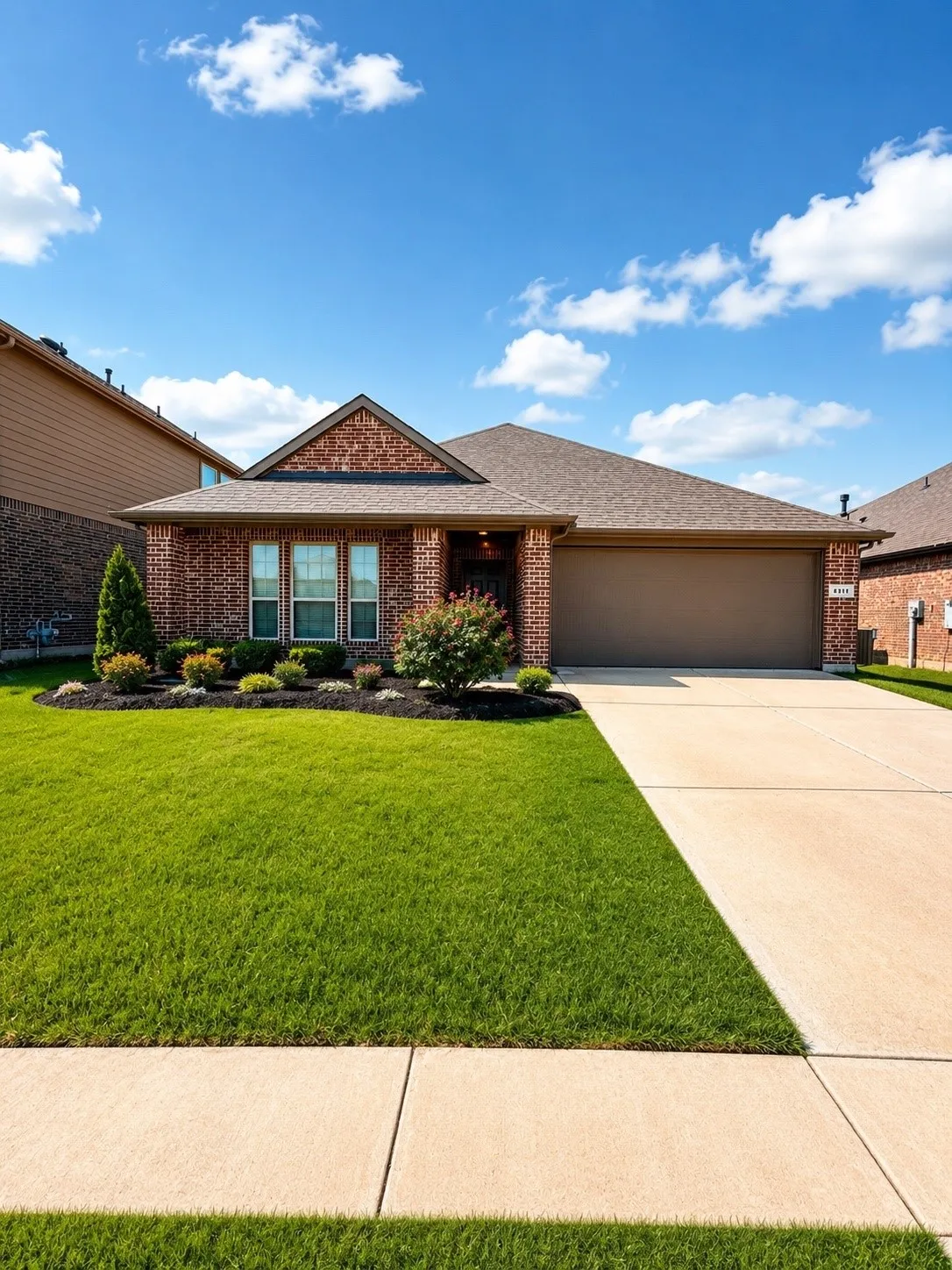 Brick facade residence featuring a two-car garage, concrete driveway, and front lawn with mature landscaping