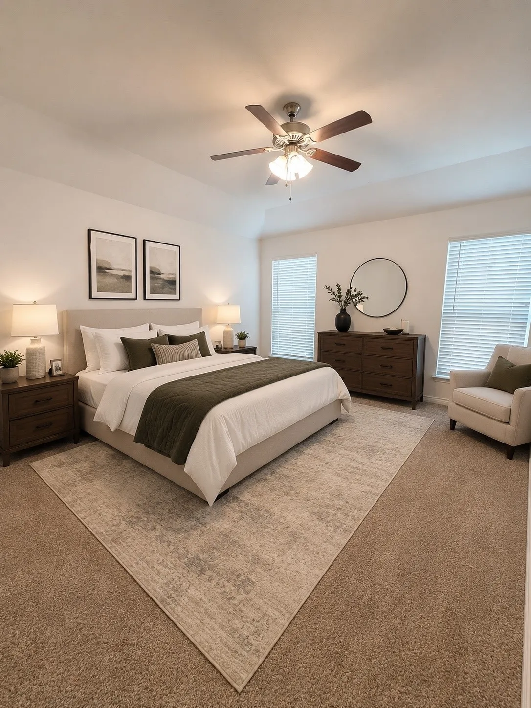 Tray ceiling with a ceiling fan light fixture, dual windows with blinds, and carpeted flooring