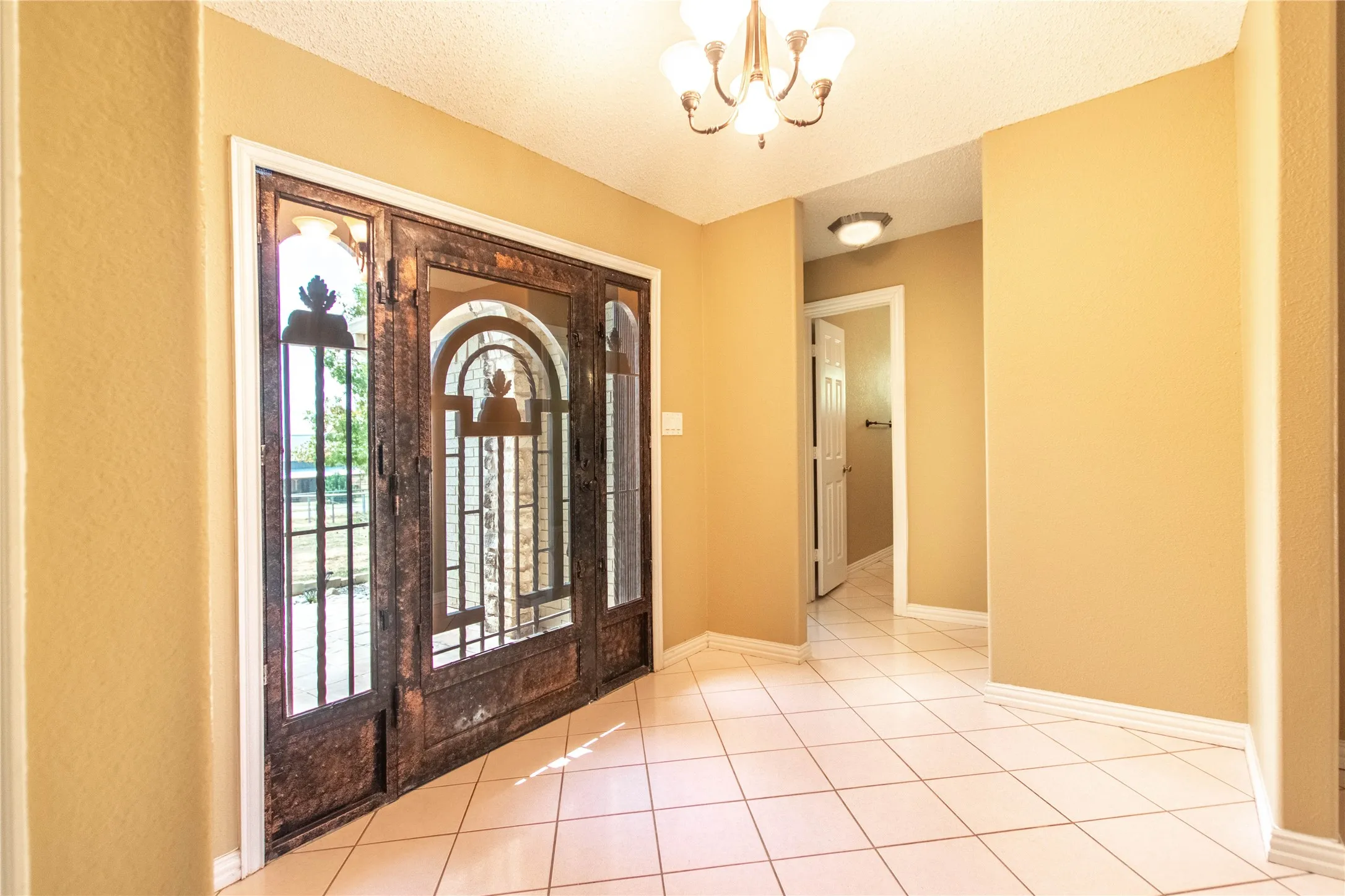 Wrought iron front door with arched glass panels, side lights, and transom window
