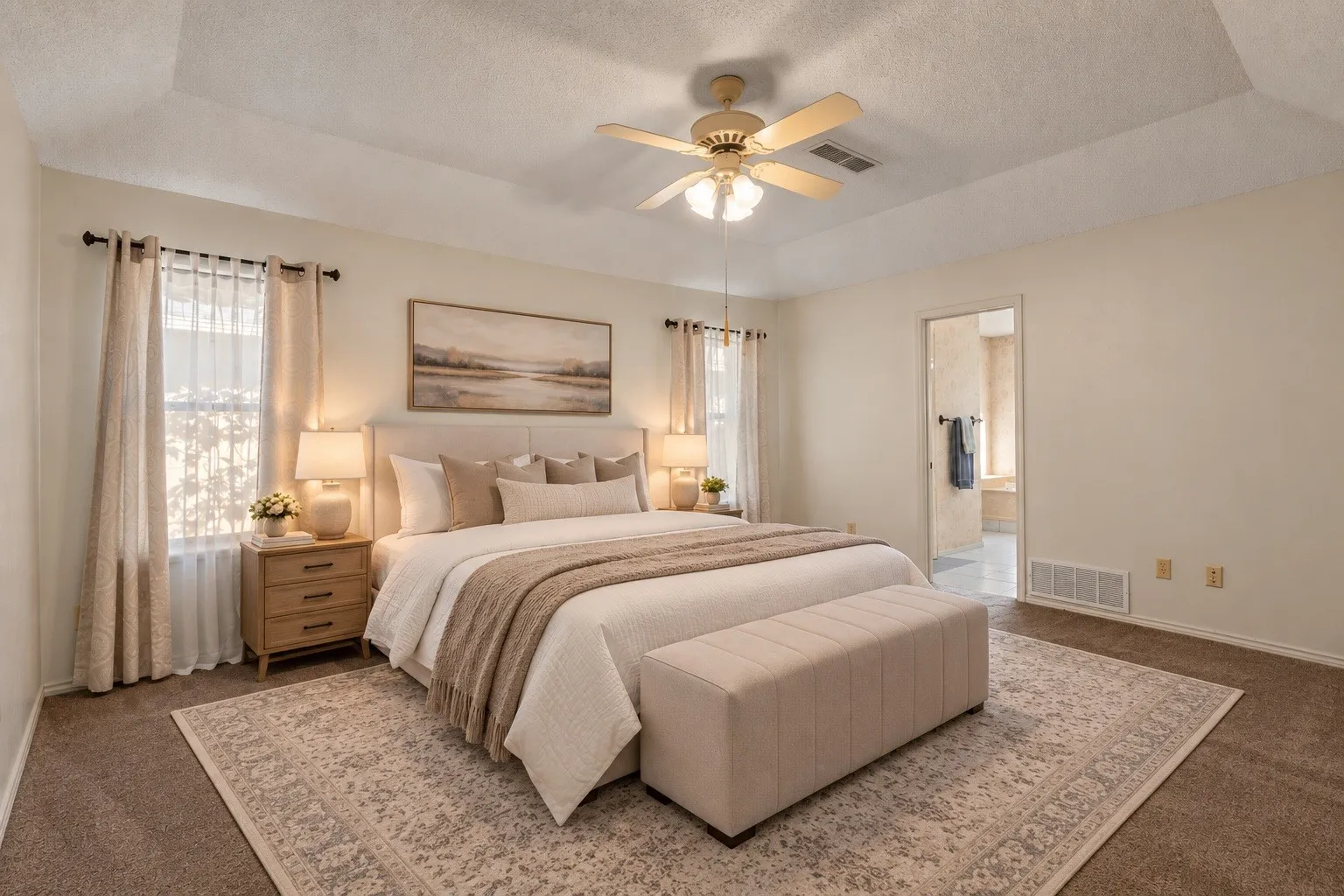 Virtually staged primary bedroom showcasing a warm, inviting retreat.