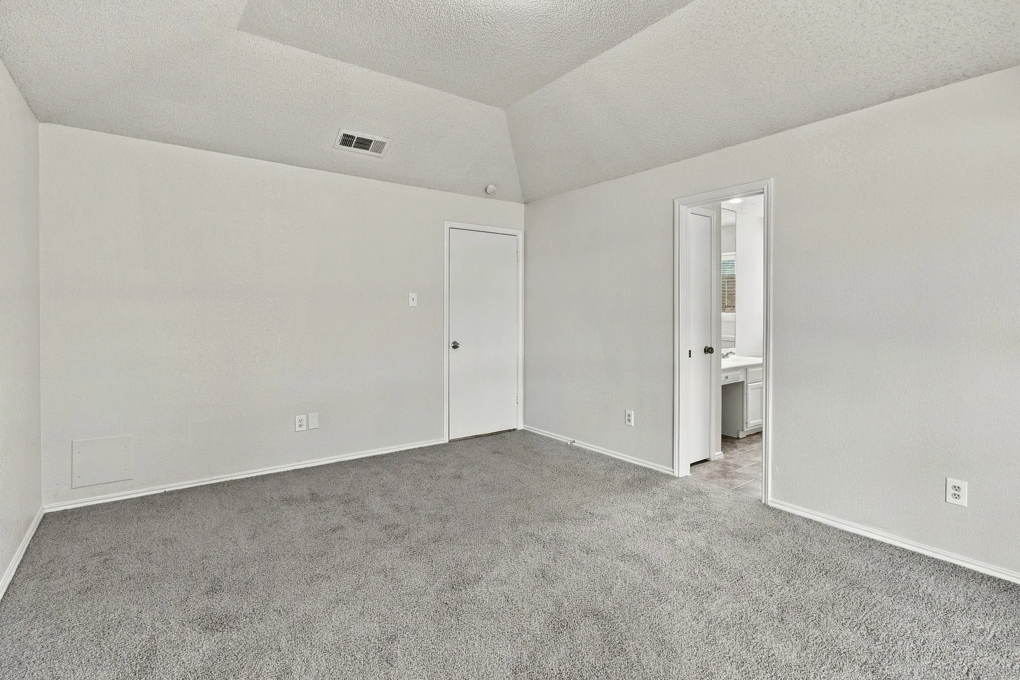 Vaulted ceiling accentuates the spacious room, featuring plush gray carpeting