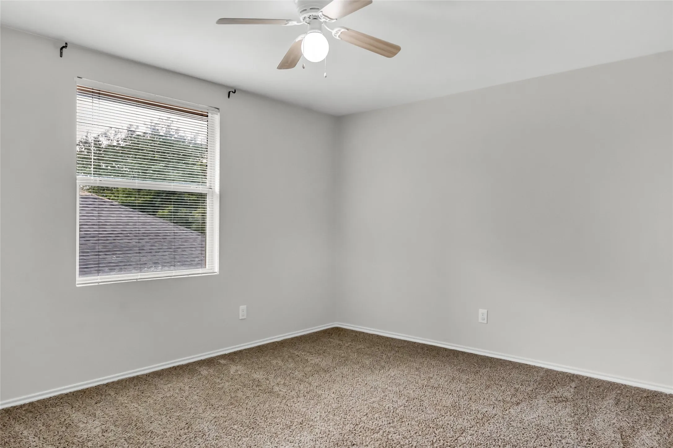 Neutral wall finishes, textured carpet flooring, and a ceiling fan with integrated lighting