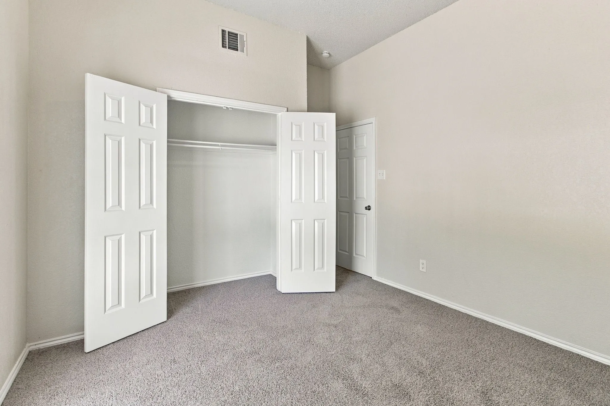 Light gray wall finishes with white trim and a coordinating gray carpet