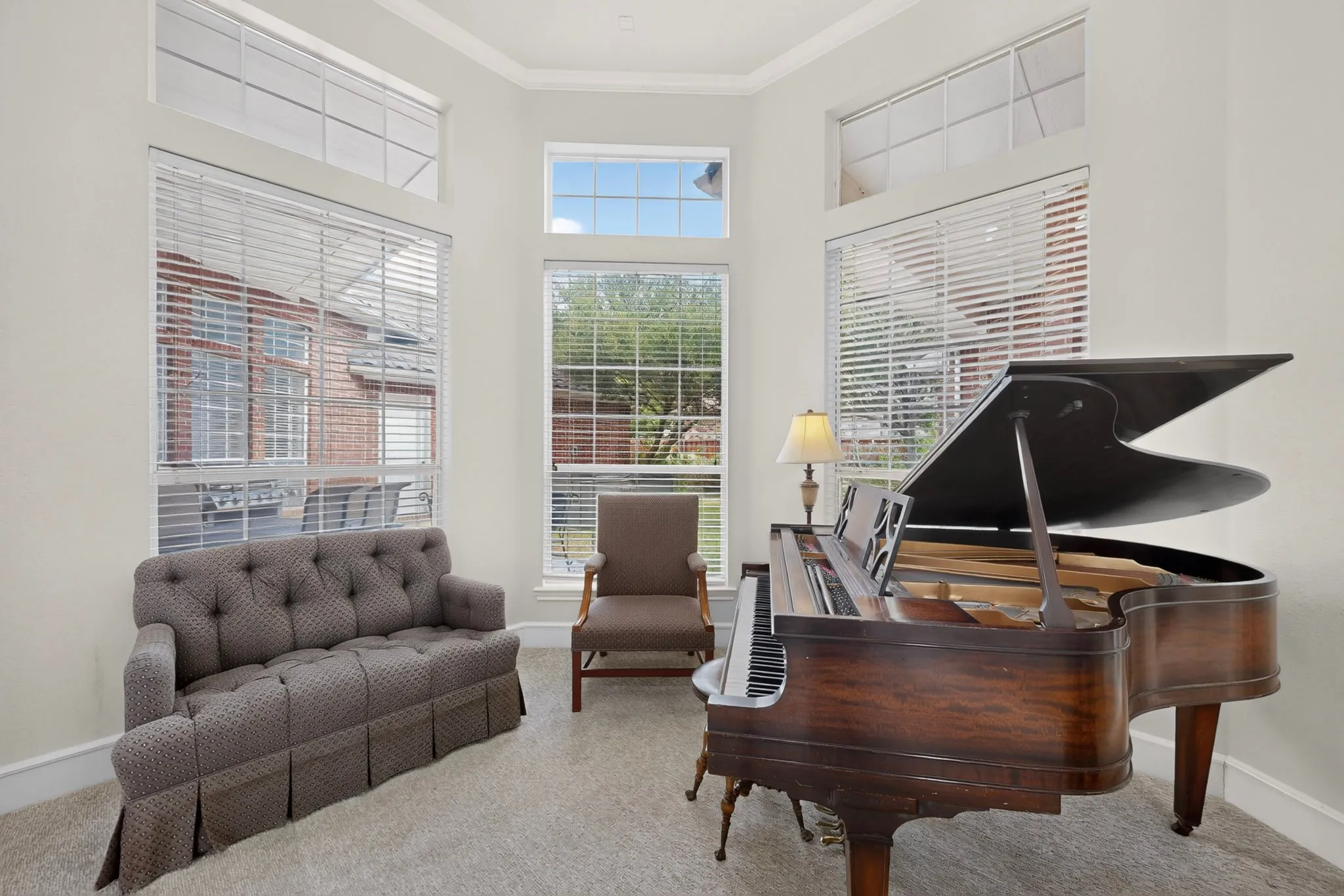 Vaulted ceilings with crown molding, expansive windows with transoms, and neutral carpeting