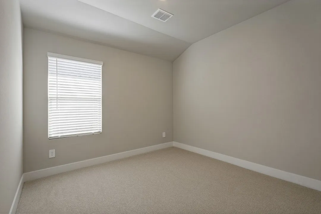 Neutral wall paint, carpet flooring, a window with blinds, and white trim