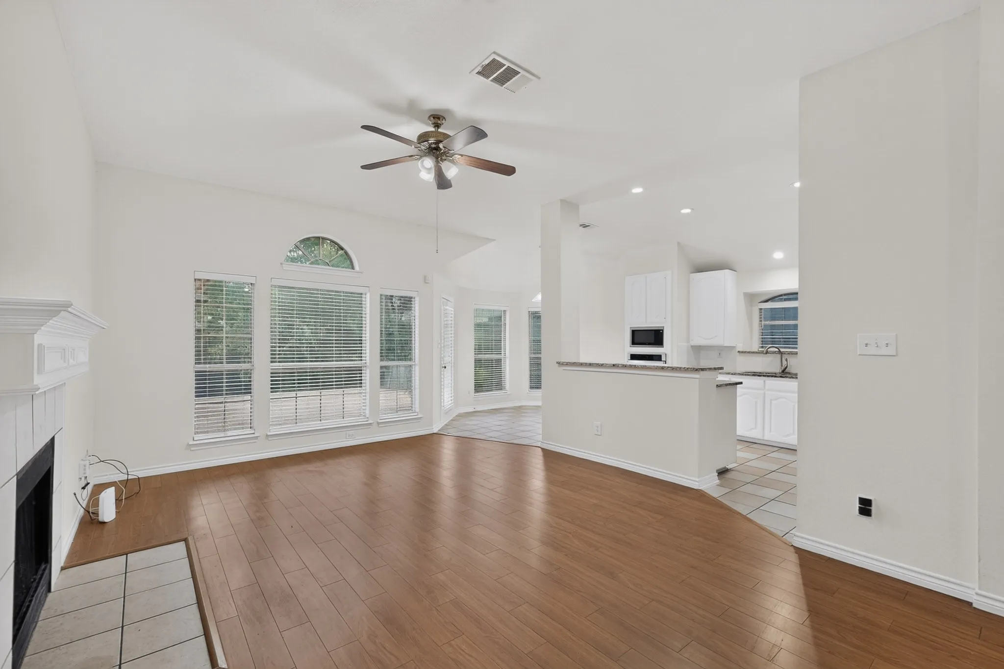Wood-finish flooring throughout the main area