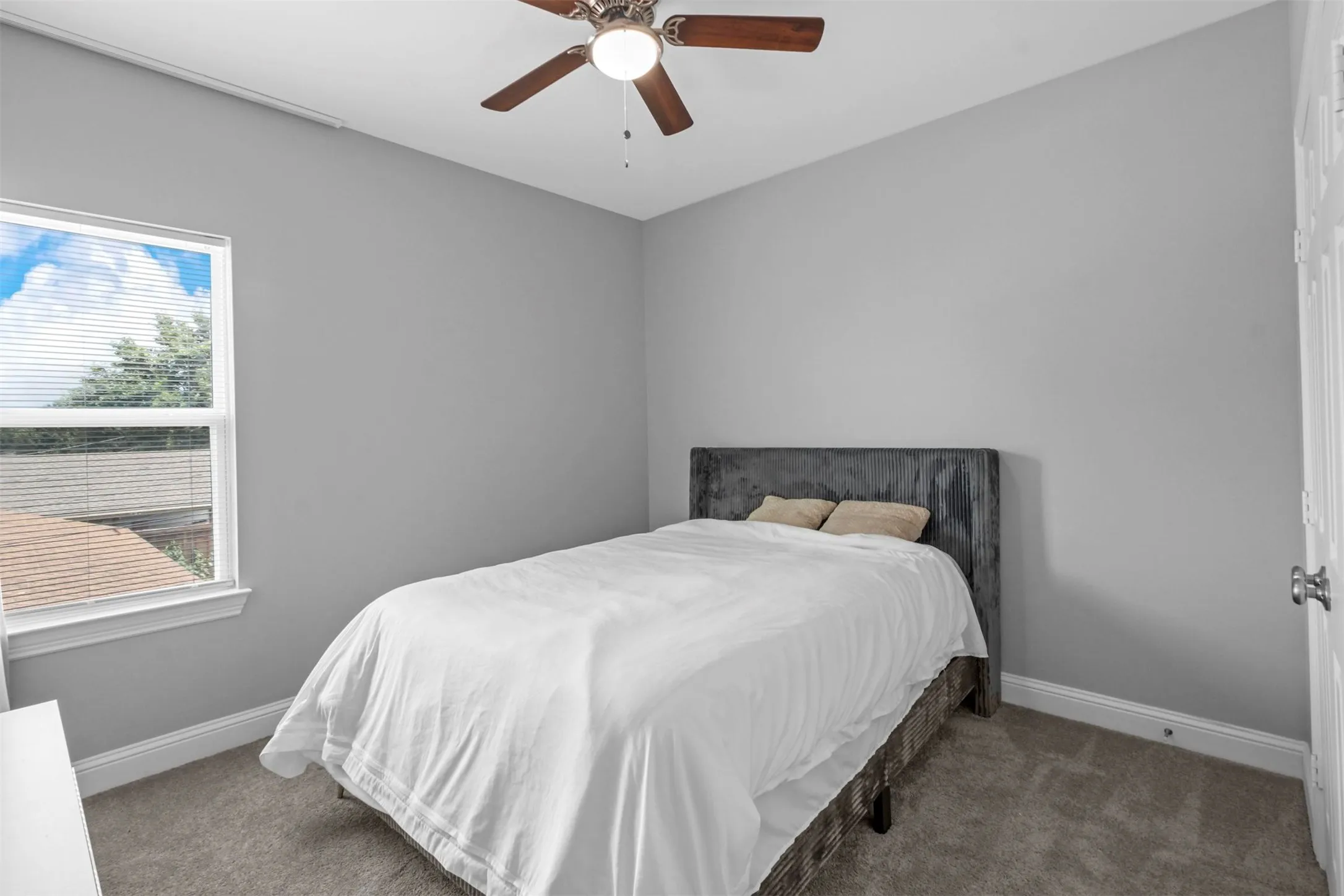 Wall-to-wall carpeting, ceiling fan with integrated lighting, and a window with​​‌​​​​‌​​‌‌​‌‌​​​‌‌​‌​‌​‌​​​‌​​ blinds