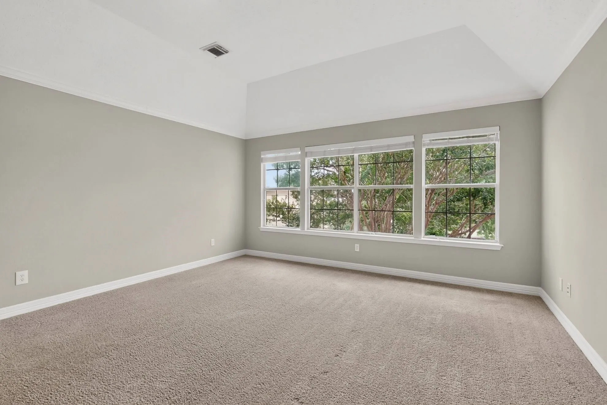 Tray ceiling accentuates the spacious room with neutral wall tones and plush carpet flooring