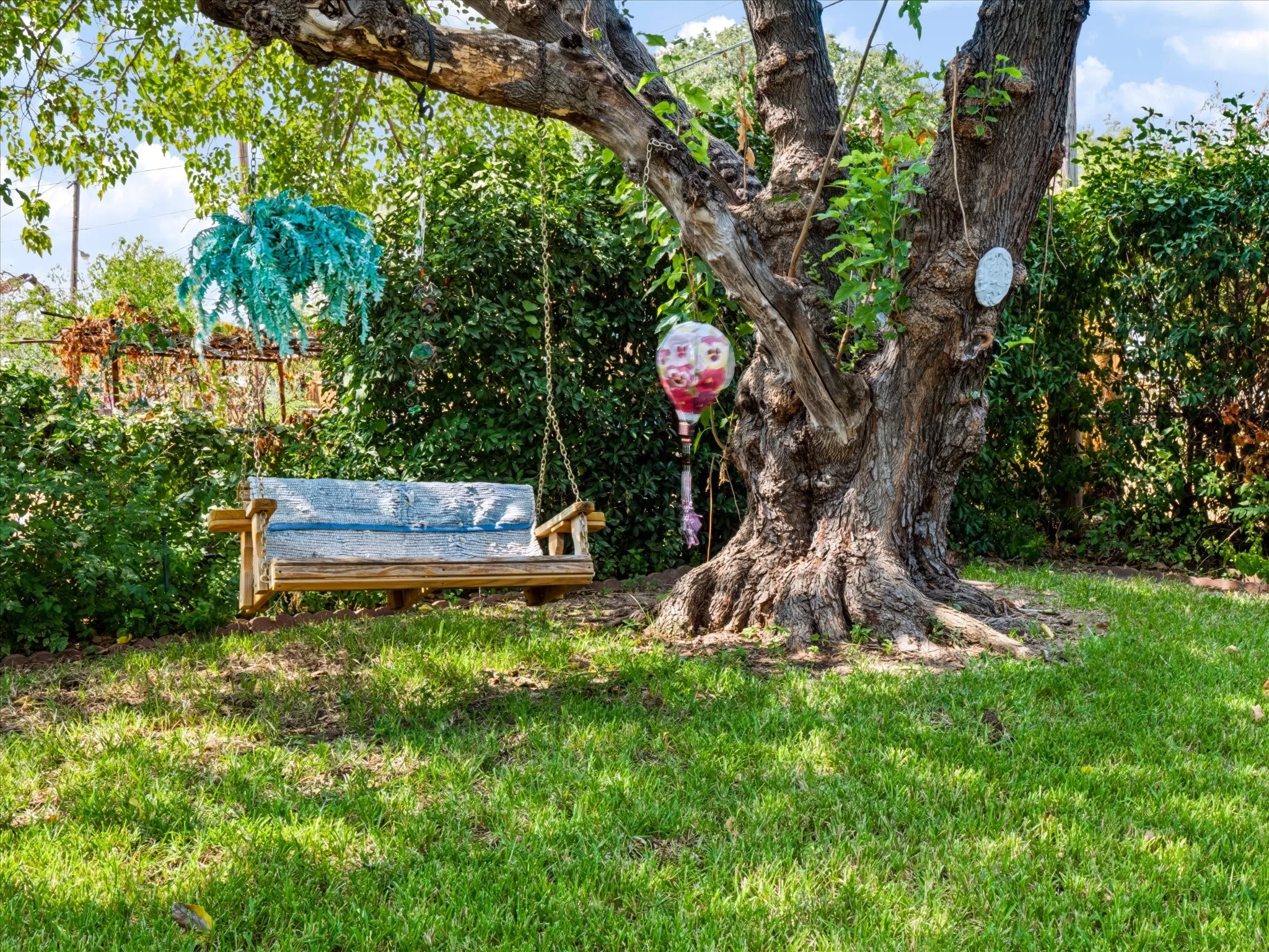 Expansive green lawn featuring a mature tree, a wooden swing, and lush perimeter greenery