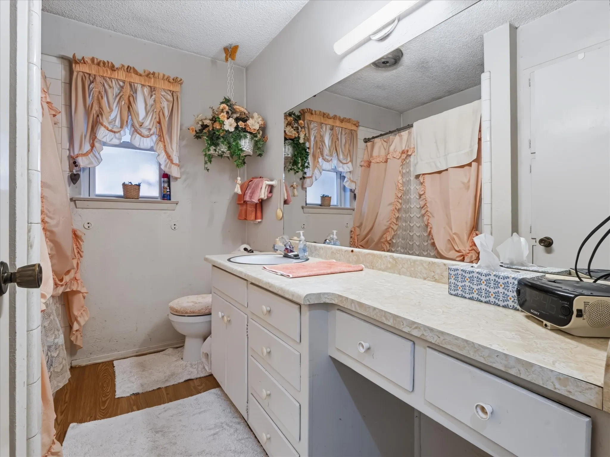Bathroom with a long vanity featuring a single sink, an integrated mirror, and wood-finish flooring