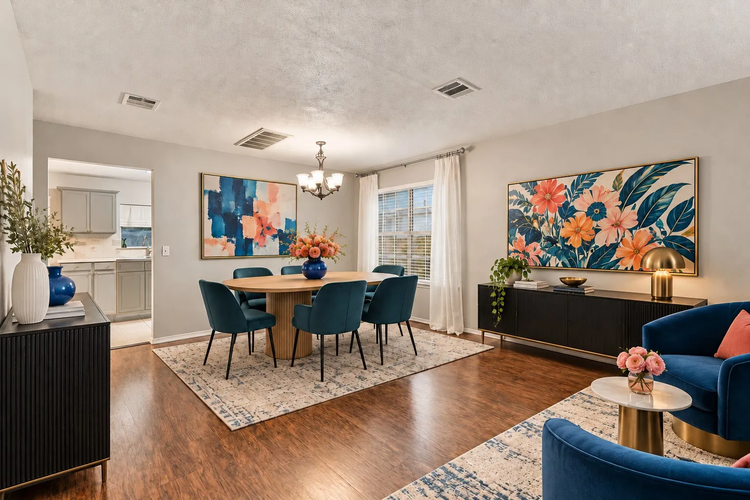 Virtually Staged Spacious dining area featuring wood-finish flooring, a contemporary chandelier, and a window with blinds