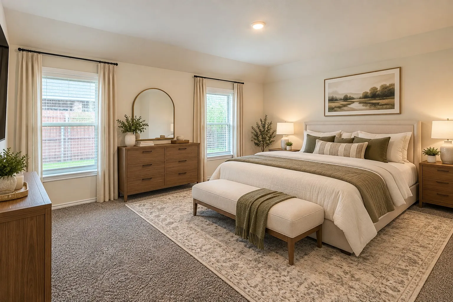 King Size bed fits well and still space for a reading nook. Very large room.