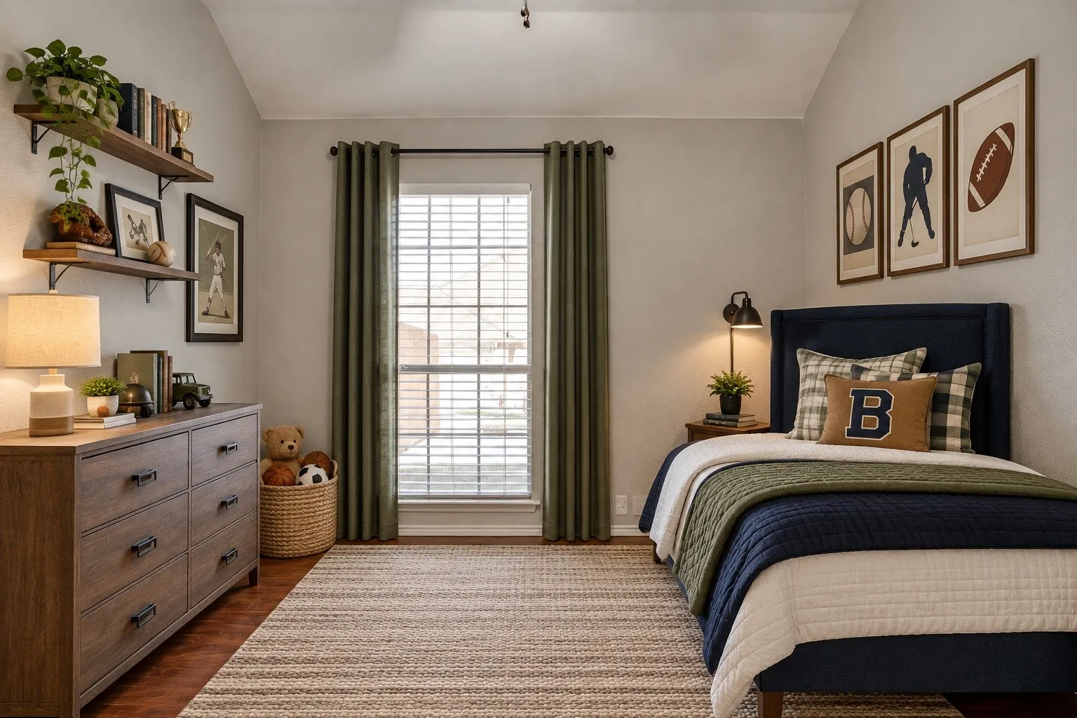 Hardwood-style flooring, light gray wall color, two floating wall shelves, single window with blinds, and a built-in light fixture. This photo has been virtually staged using AI.