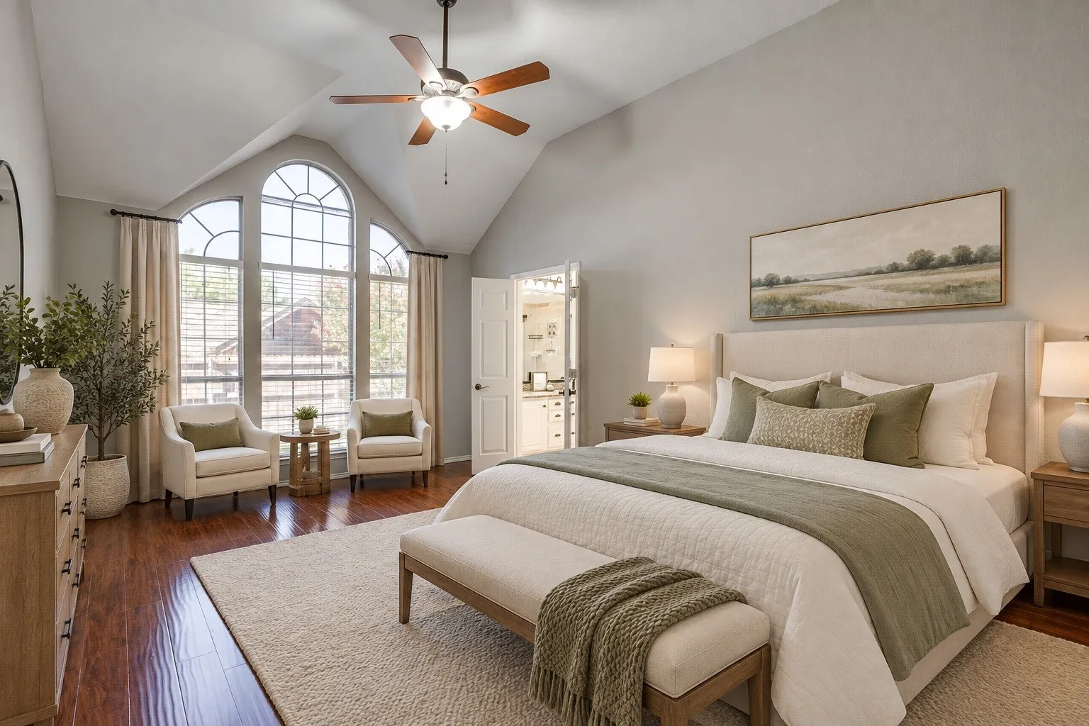 Cathedral ceiling with a ceiling fan. This photo was virtually staged using AI.
