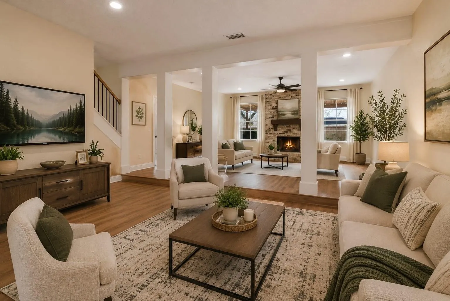 Open-concept living area featuring wood-finish flooring, a brick-surround fireplace with a wood mantle, recessed lighting, and a ceiling fan