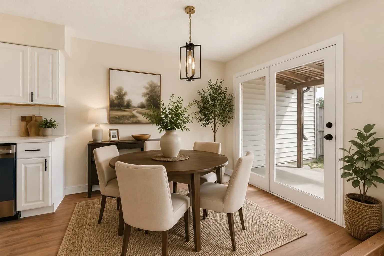 Wood-finish flooring with an area rug, white shaker-style cabinetry, and white subway tile backsplash