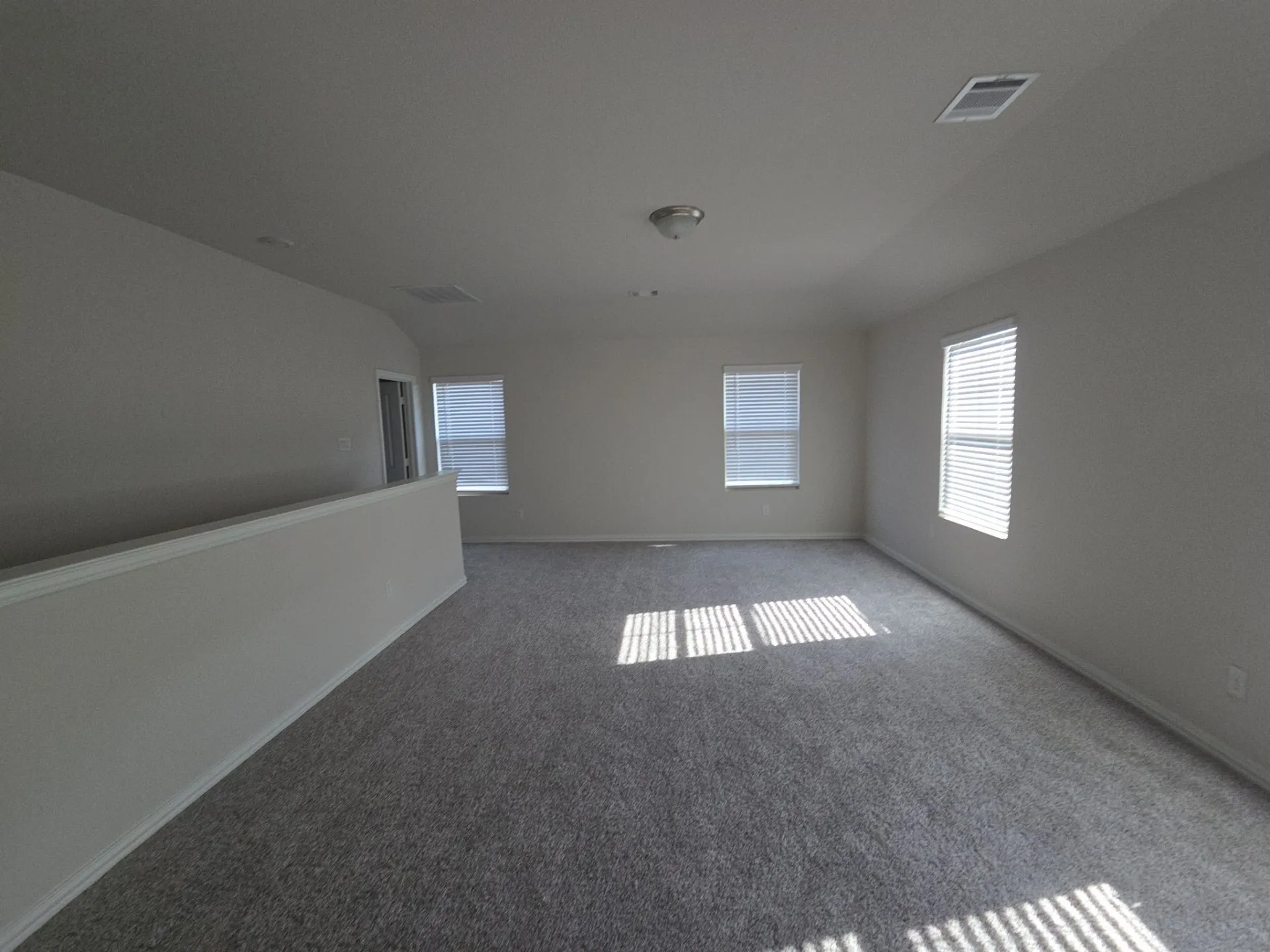 Spacious room featuring neutral carpet flooring, three windows with blinds, a half-wall partition, and a ceiling-mounted light fixture