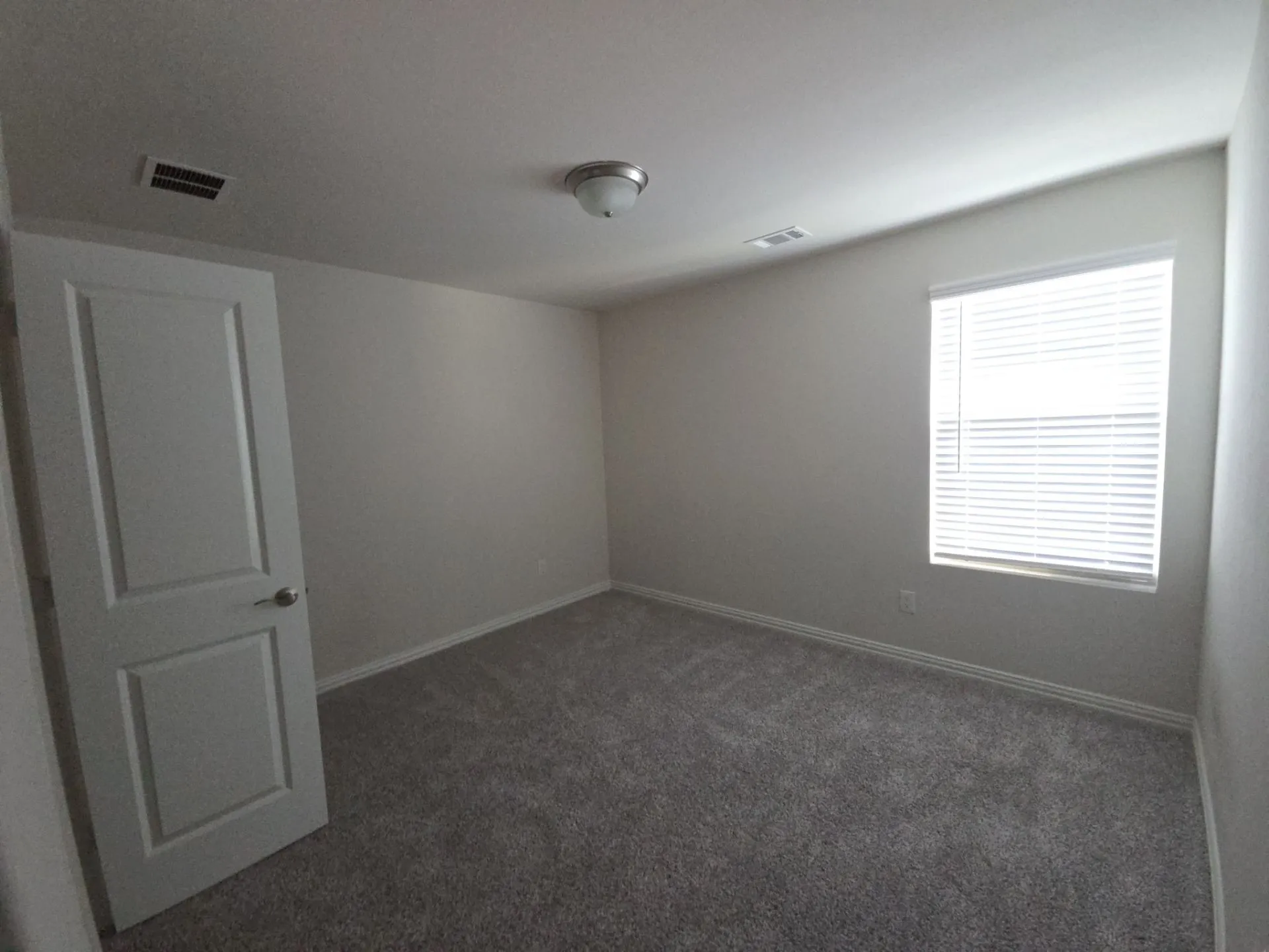 Neutral wall color, wall-to-wall carpeting, window with blinds, interior door, and a flush mount ceiling fixture