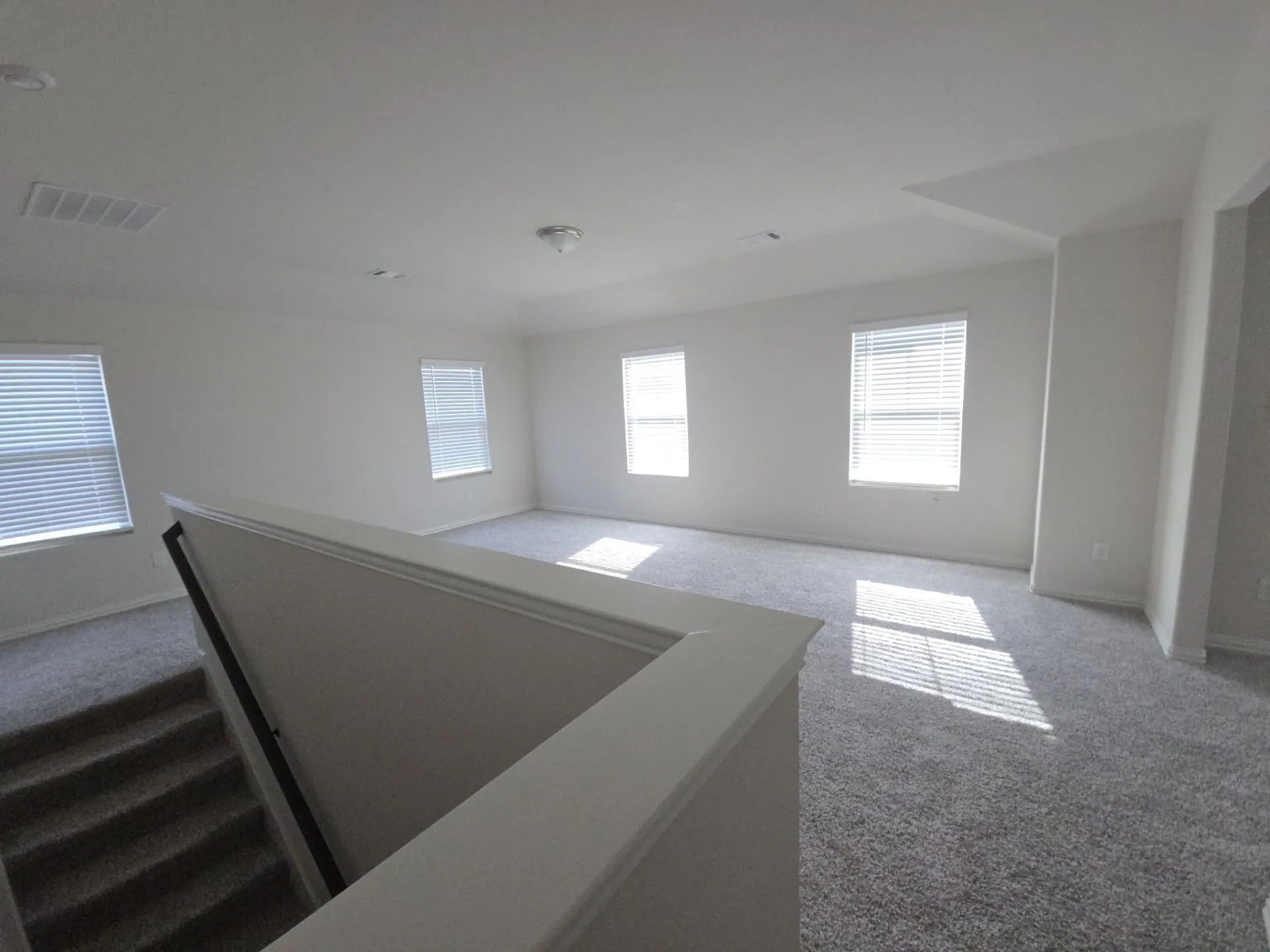 Expansive carpeted area with multiple windows, recessed lighting, and a ceiling-mounted light fixture