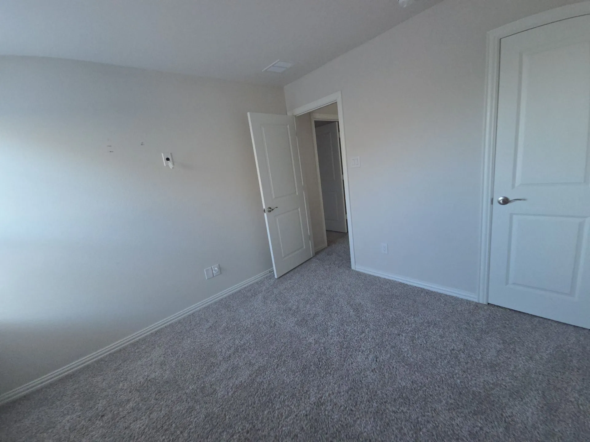 Plush gray carpeting, white painted walls, and white paneled doors