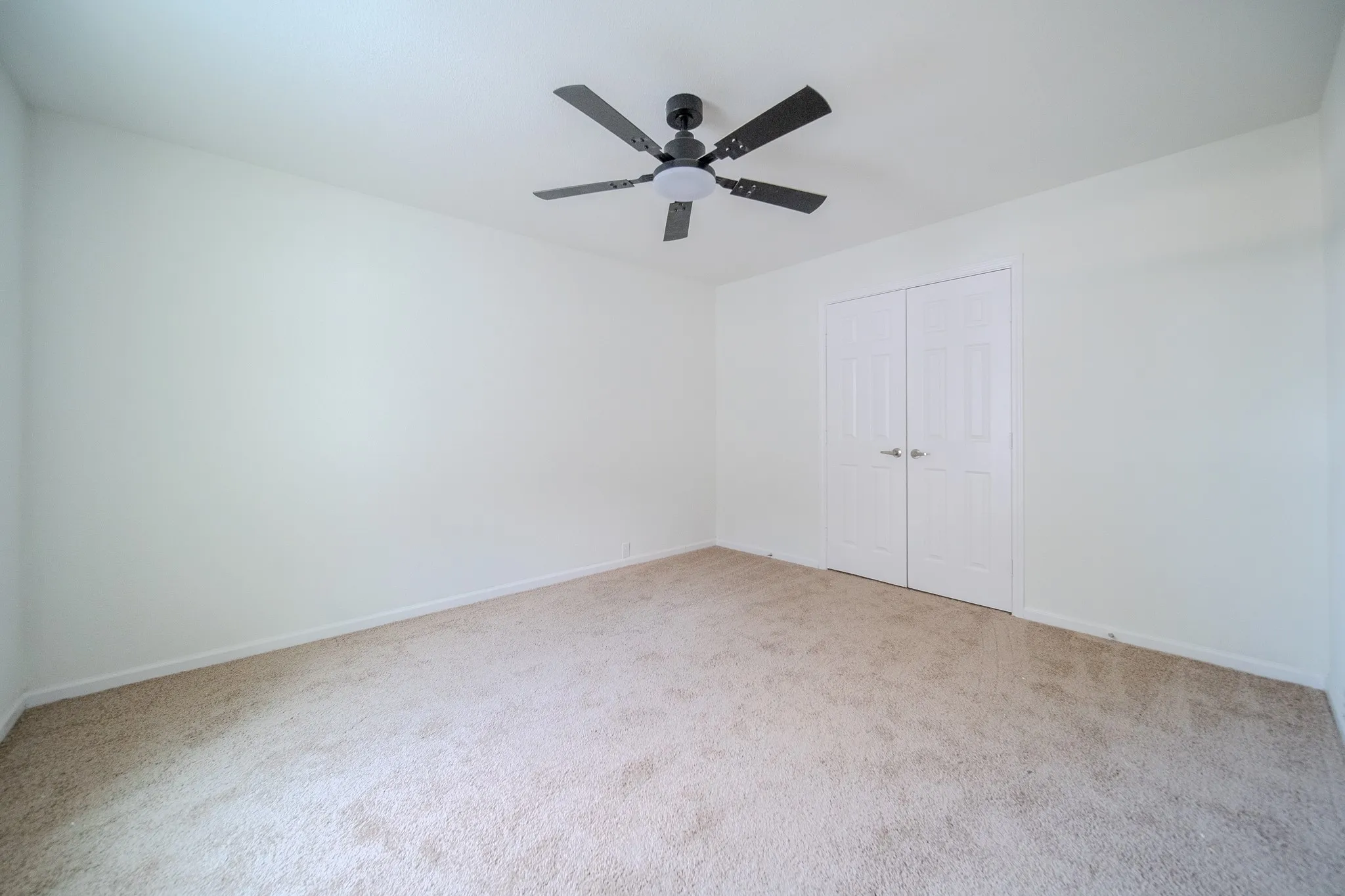 Neutral-toned carpet flooring, a ceiling-mounted fan with integrated lighting, and white bi-fold doors