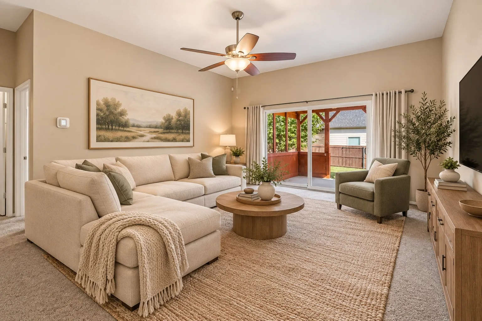 Vaulted ceiling with a ceiling fan, sliding glass door, covered patio, wood-finish flooring, and light-colored walls