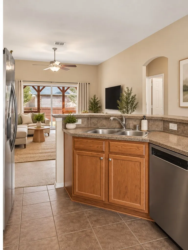 Kitchen with tile flooring, wood-finish cabinetry, and a double basin sink