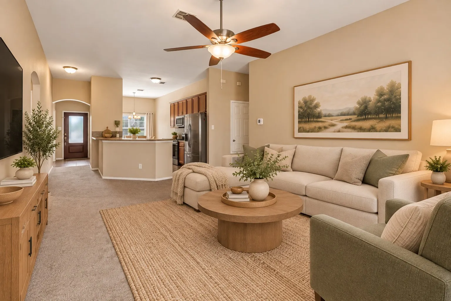 Open-concept living space with vaulted ceilings, a ceiling fan, and recessed lighting