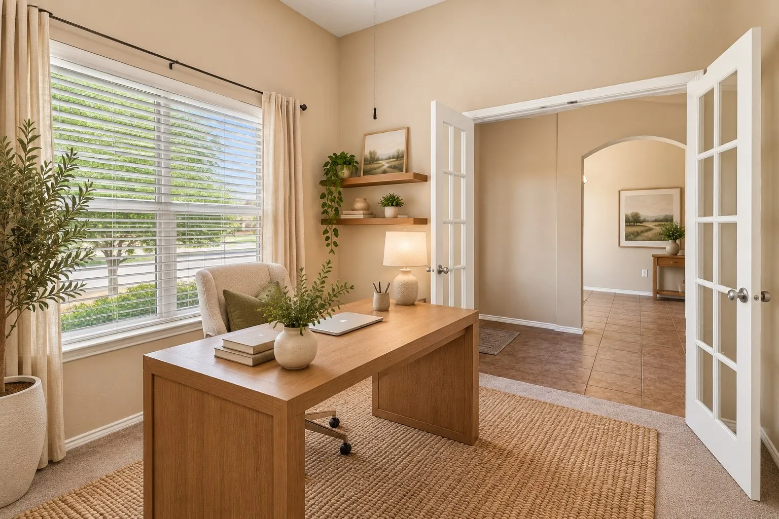 Recessed lighting, French doors with glass panels, arched entry, and wood-finish floating shelves