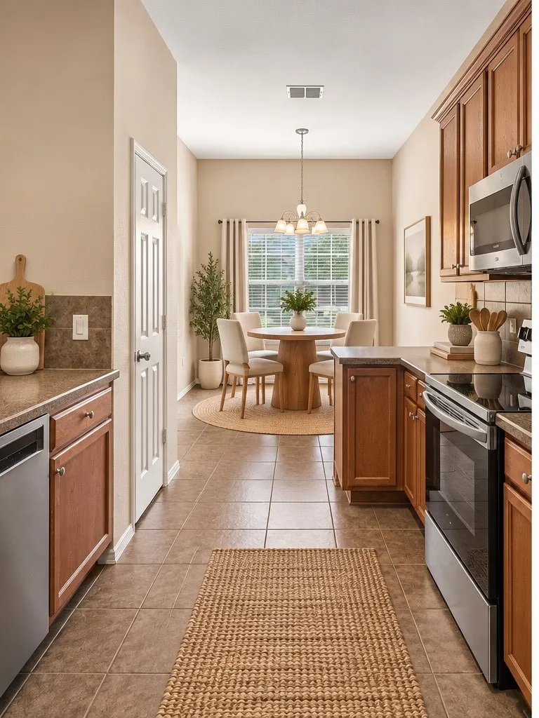Kitchen featuring wood cabinetry, stainless steel appliances, and tile flooring