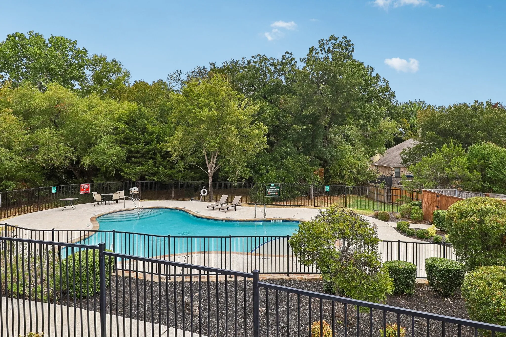 Fenced swimming pool with integrated steps, surrounded by a concrete deck and mature landscaping