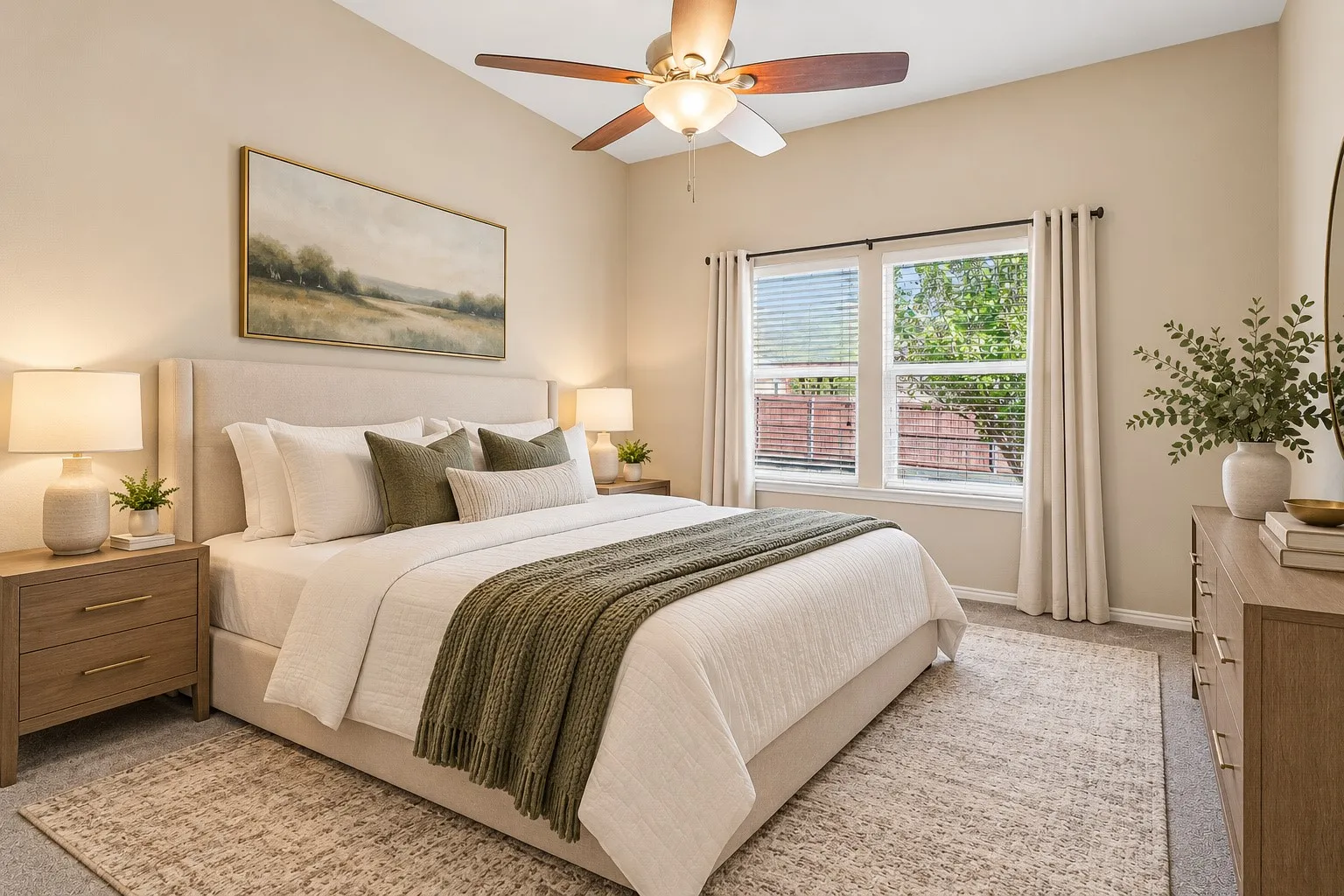 Vaulted ceiling, ceiling fan with light fixture, large windows with blinds, light-colored walls, and carpeting