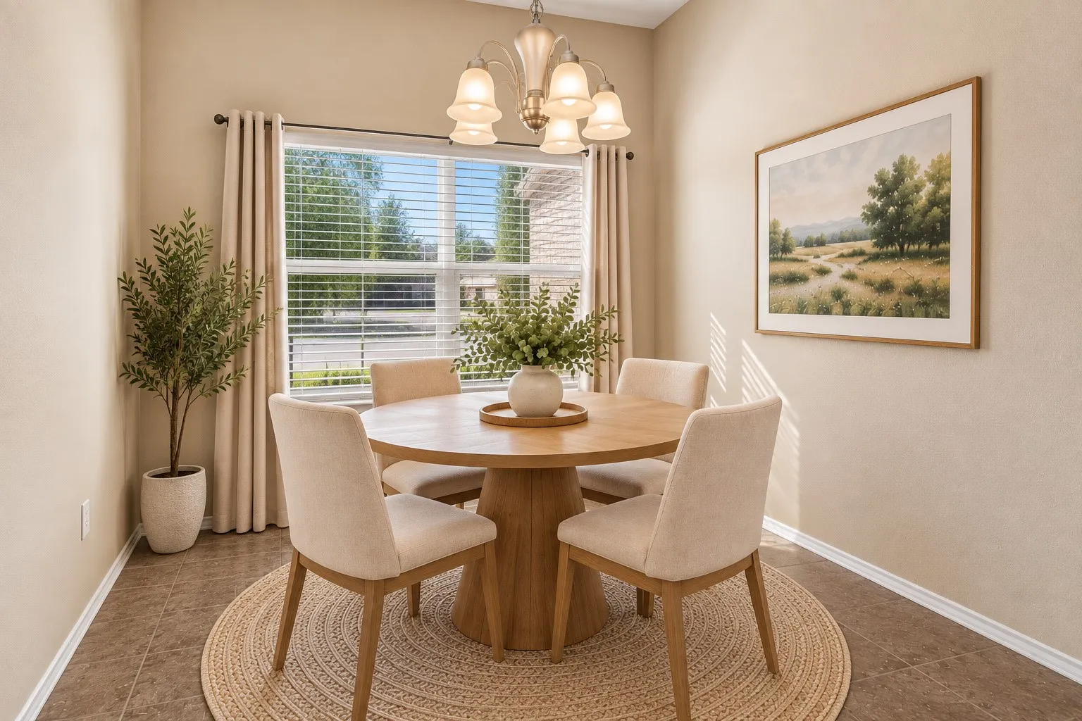 Recessed lighting, tiled flooring, window with blinds, and ceiling-mounted chandelier