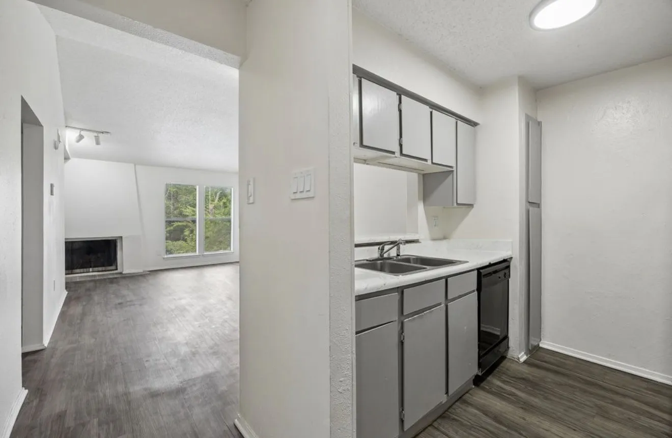 Kitchen with gray cabinetry, a double basin stainless steel sink, and a black dishwasher