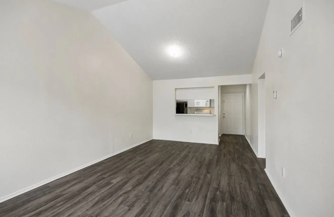Vaulted ceiling, wood-finish flooring, white walls, kitchen pass-through, and a ceiling-mounted light fixture