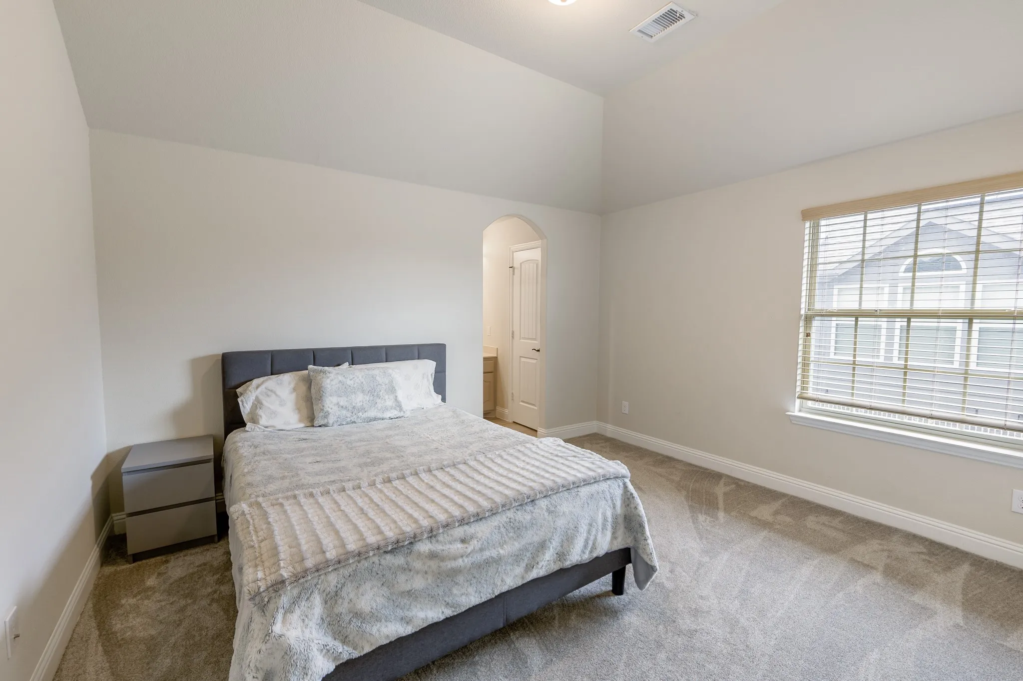 Vaulted ceiling, arched doorway, window with blinds, light wall color, and plush carpeting