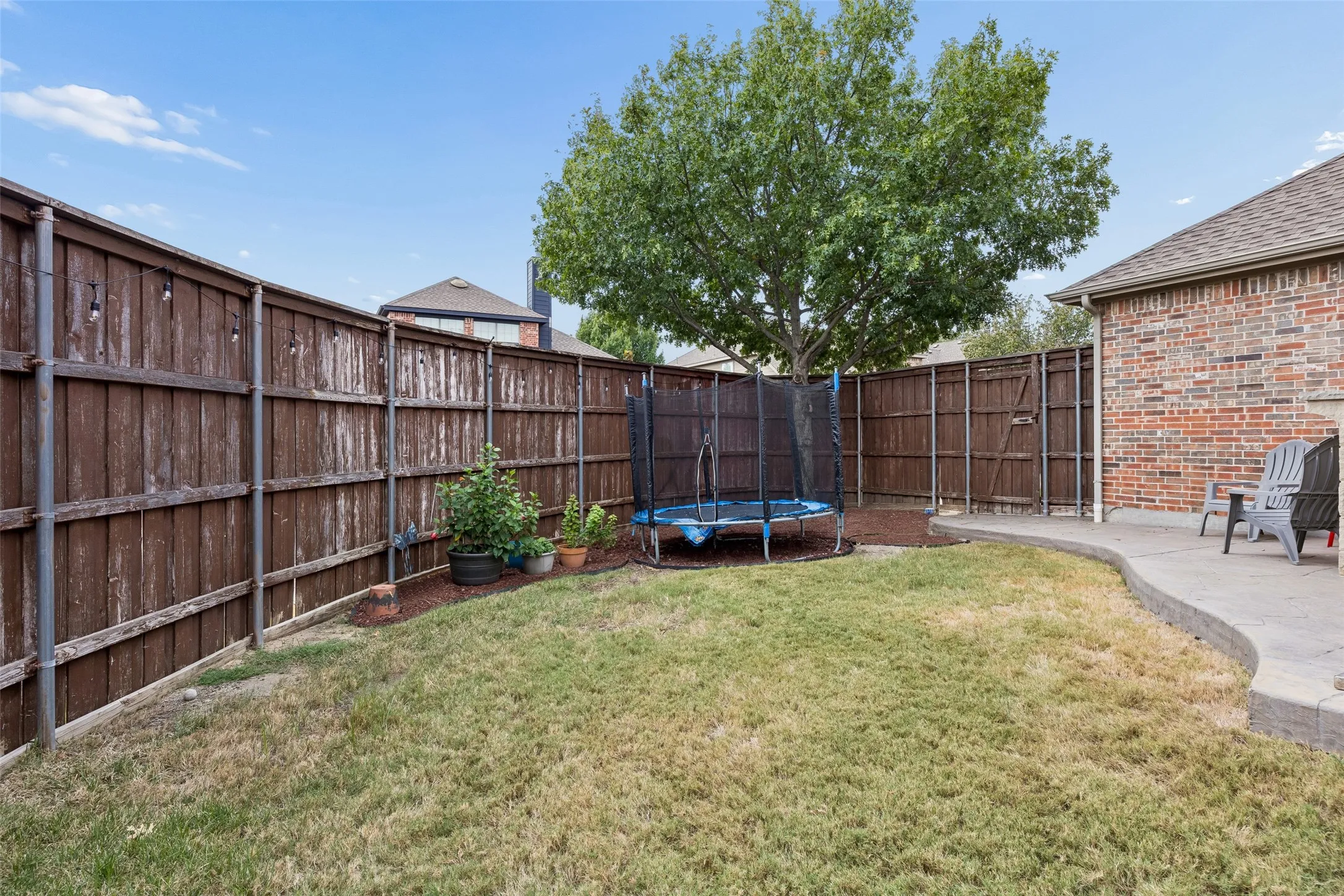 Private backyard featuring a concrete patio, wood privacy fencing, and a mature tree