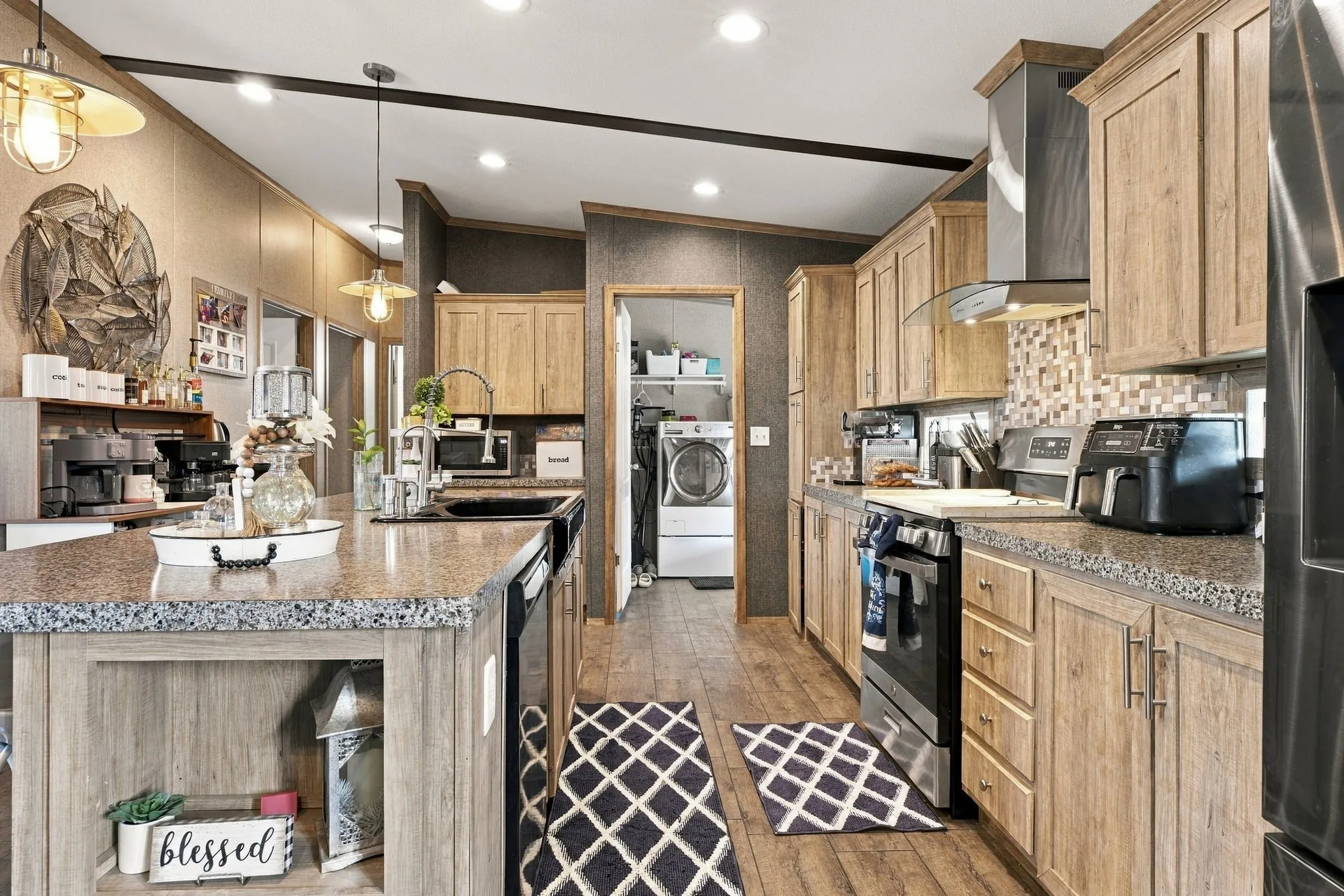 Wood-finish flooring with coordinating cabinetry