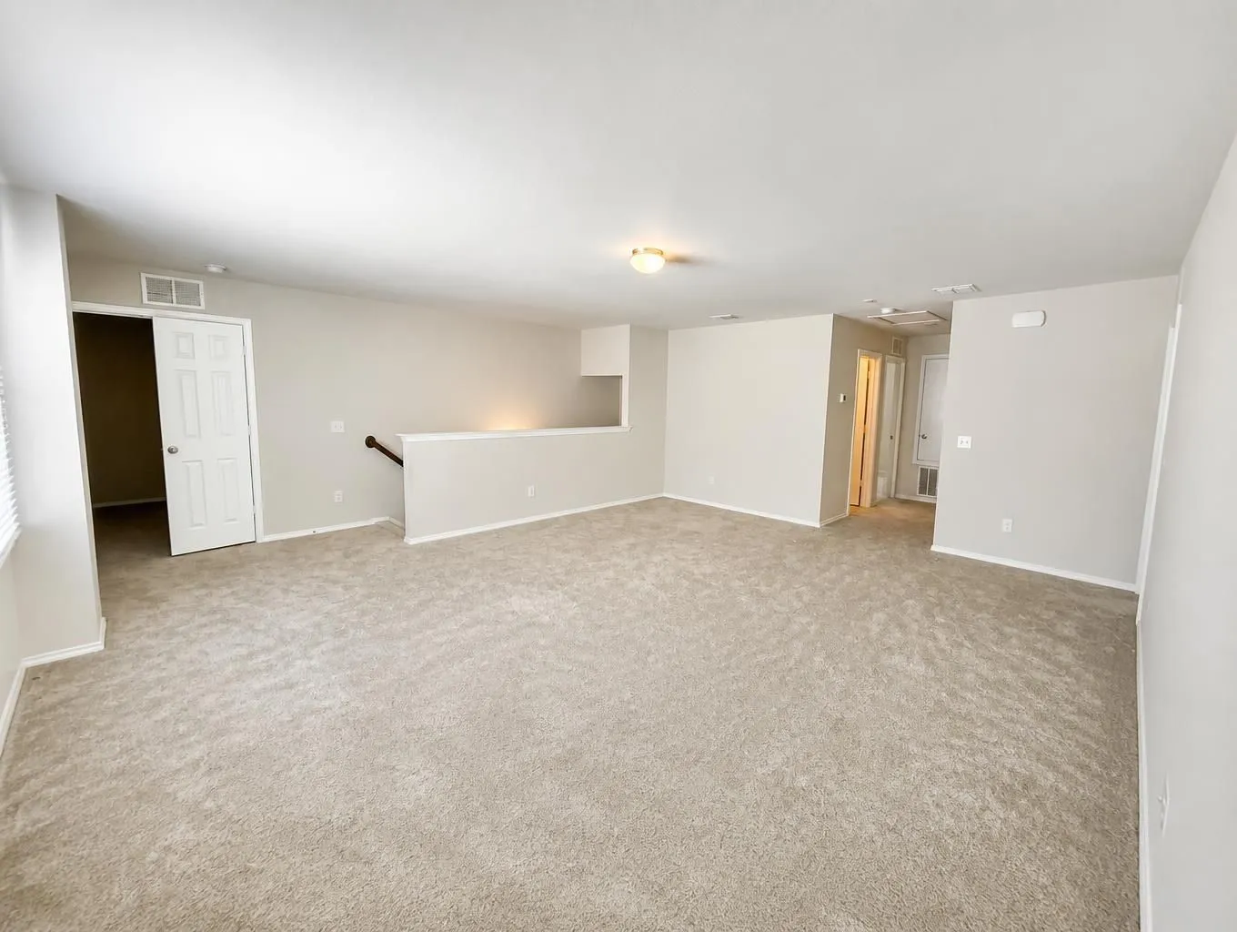Expansive carpeted area with neutral wall tones, a ceiling-mounted light fixture, and white trim throughout