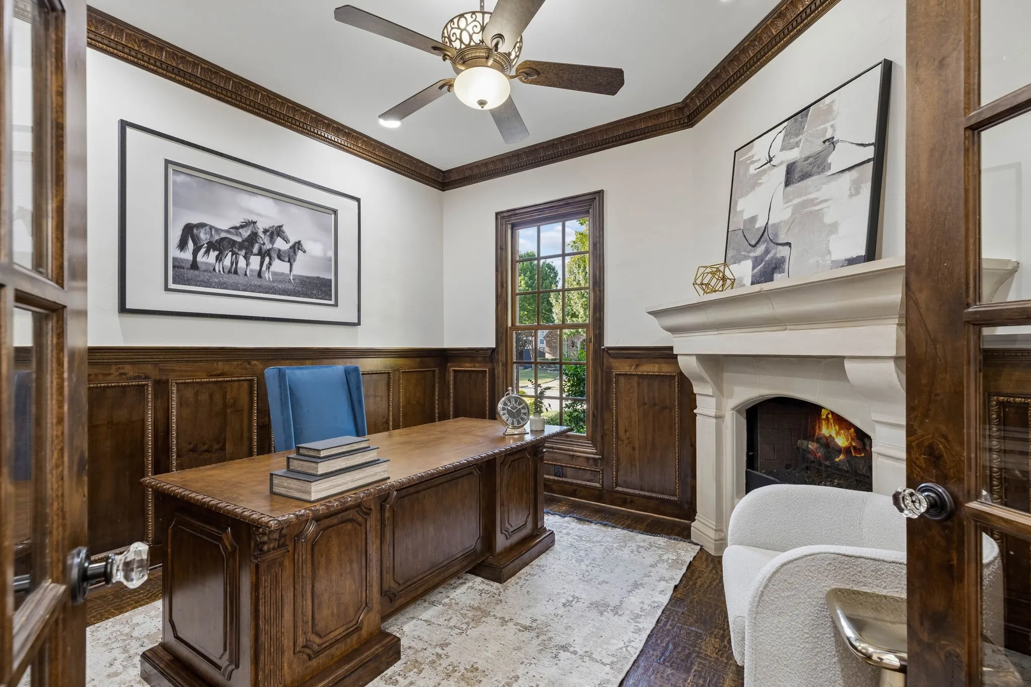 Downstairs study with fireplace