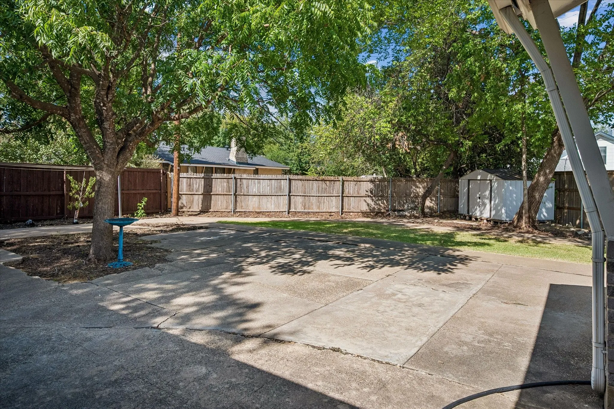 Mature trees and a wooden privacy fence, featuring a storage shed at the back of the property