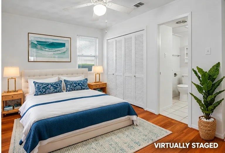 Warm wood-finish flooring, white louvered closet doors, and an open doorway to a tiled bathroom