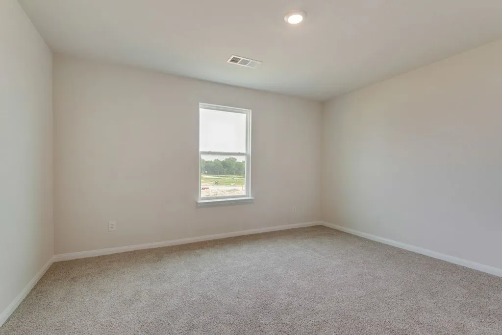 Neutral wall tones with a single recessed light fixture, a window with a roller shade, and plush carpeting