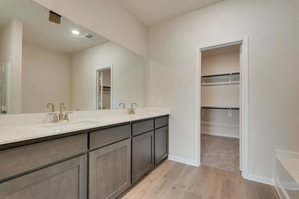 Dual vanity with undermount sinks, light-toned countertops, wood-finish flooring, and a walk-in closet with built-in shelving