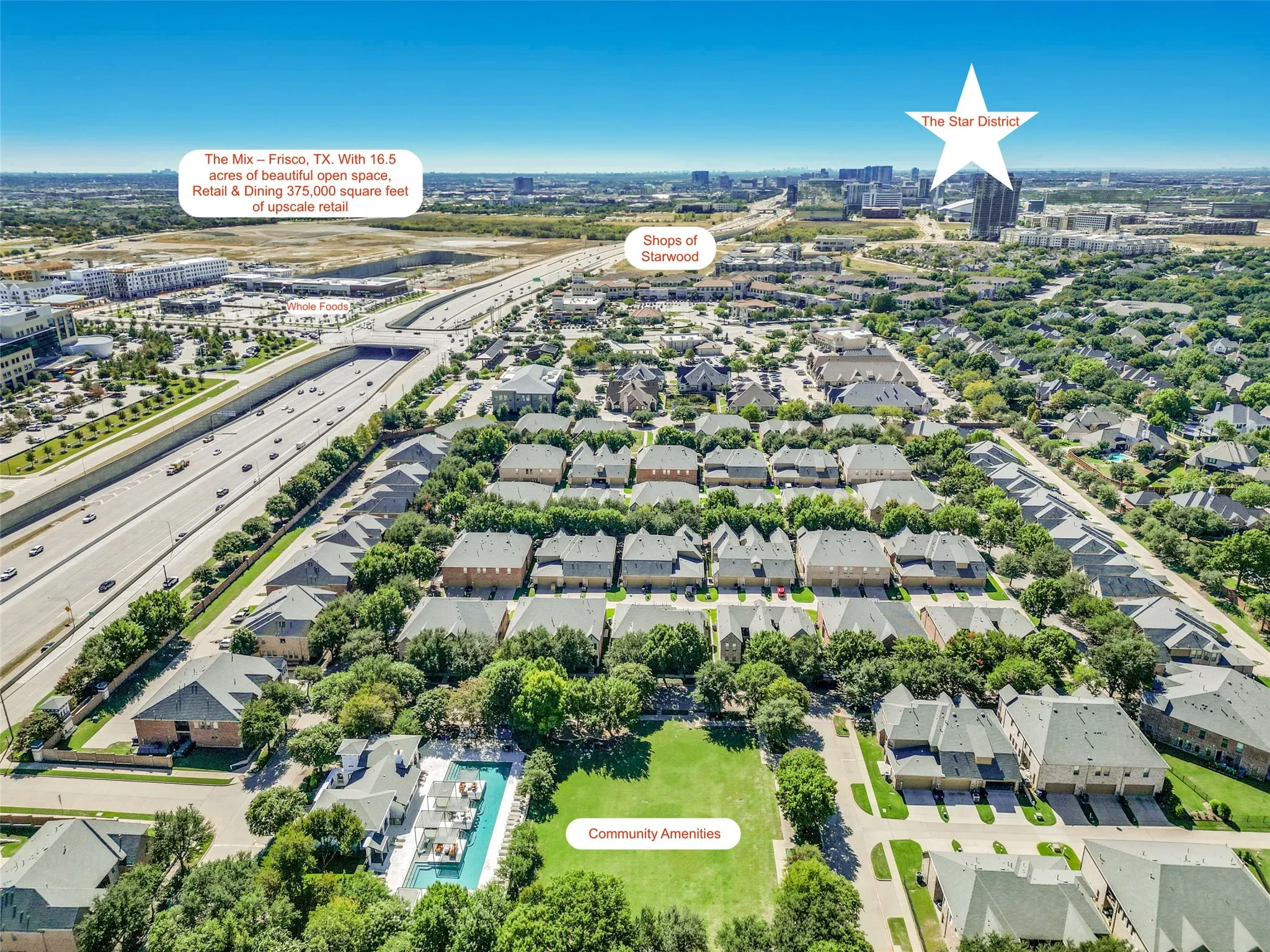 Aerial looking South showing community amenities, proximity to the new Whole Foods and The Mix, as well as the Shops of Starwood and The Star District!