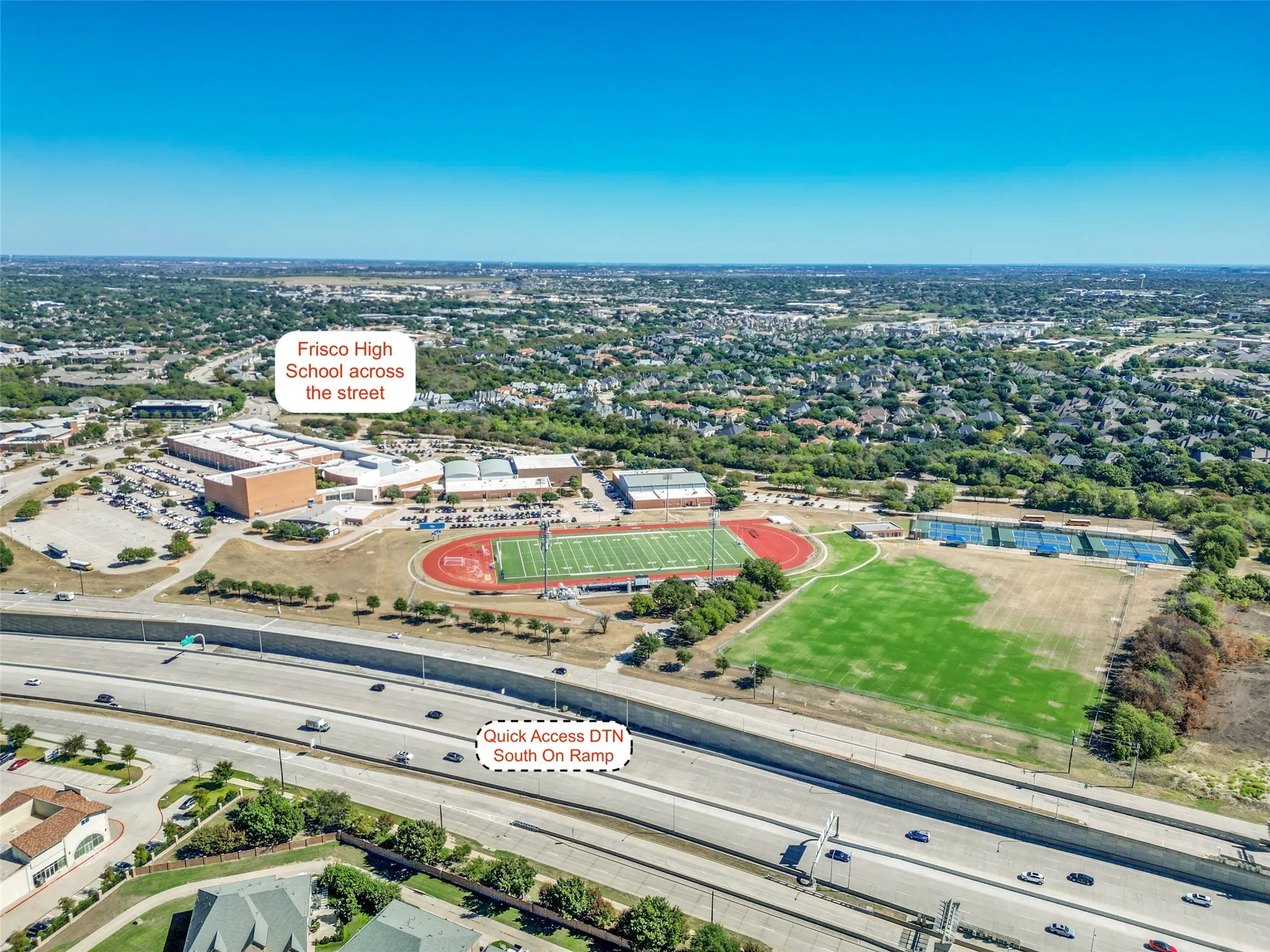 Bella Casa has Prime location just off the DNT across from Frisco High School, with direct toll entry ramp to DNT South out the Stonebrook Entrance