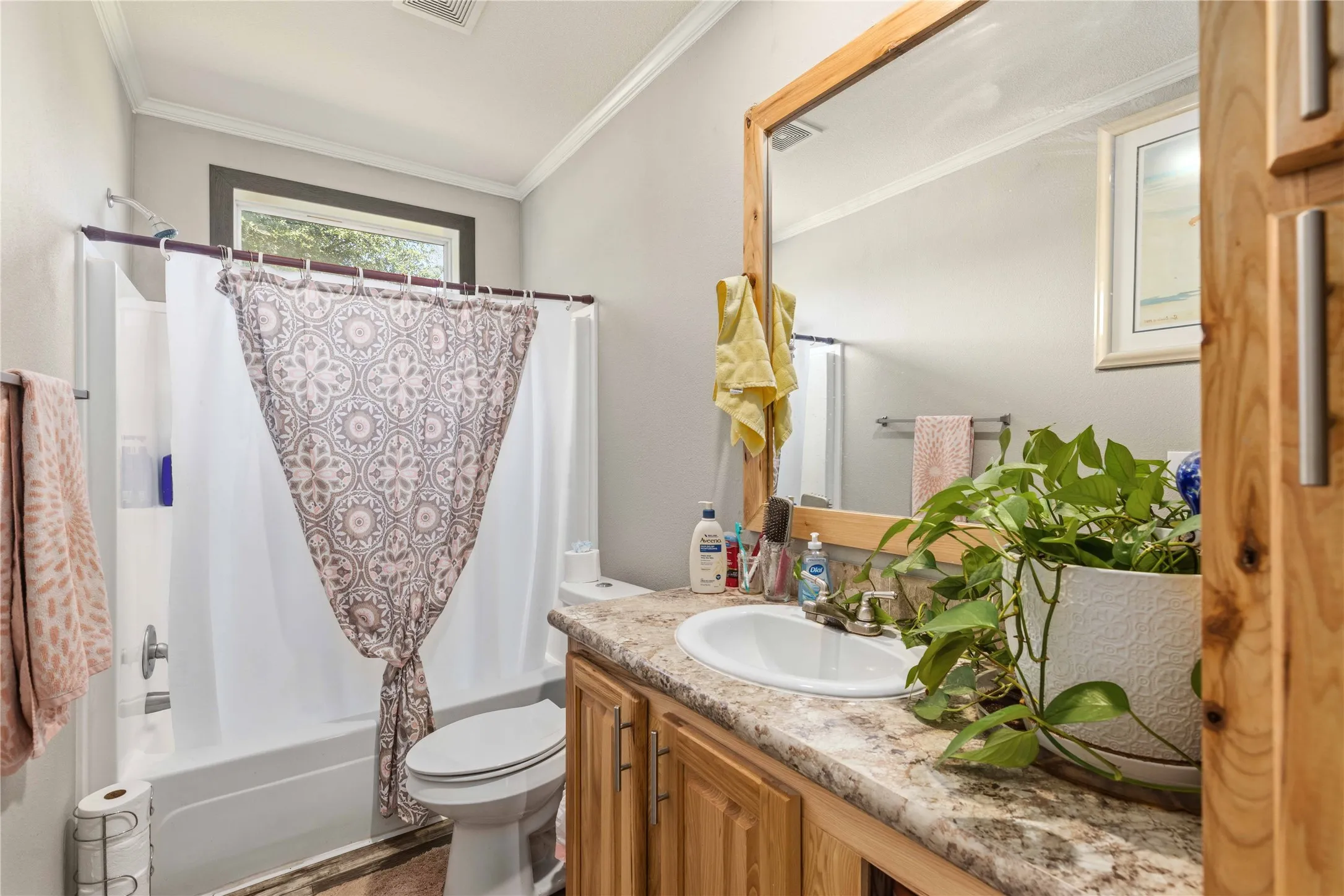 Bathroom featuring a single vanity with wood cabinetry, a granite-look countertop, and an integrated sink