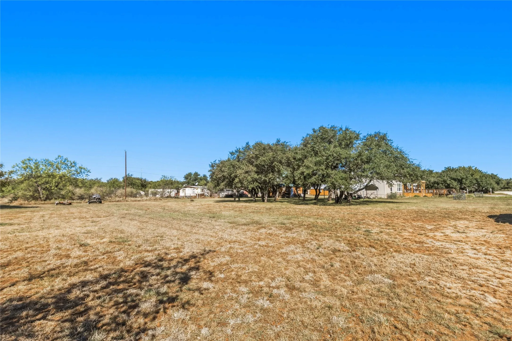 Expansive open lot featuring mature trees and clear skies