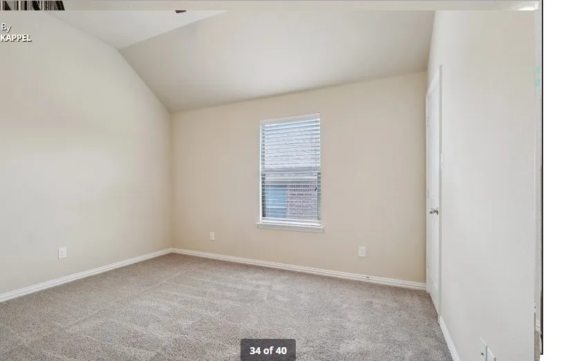 Neutral-toned walls with vaulted ceiling, window with blinds, and light-colored carpeting